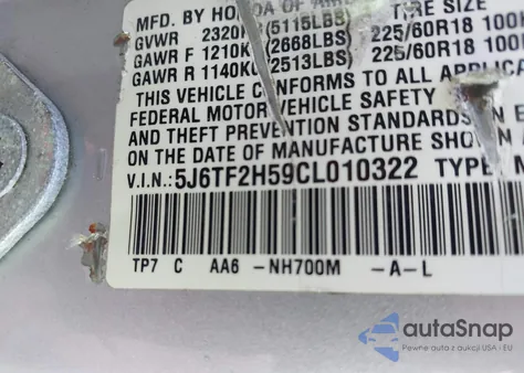 2012 Honda Crosstour Ex-L из США, поврежденный, VIN 5J6TF2H59CL010322